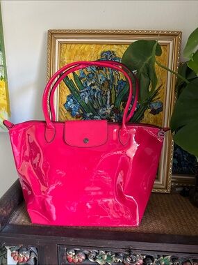 Longchamp Le Pliage Patent Tote Bag in Bright Pink